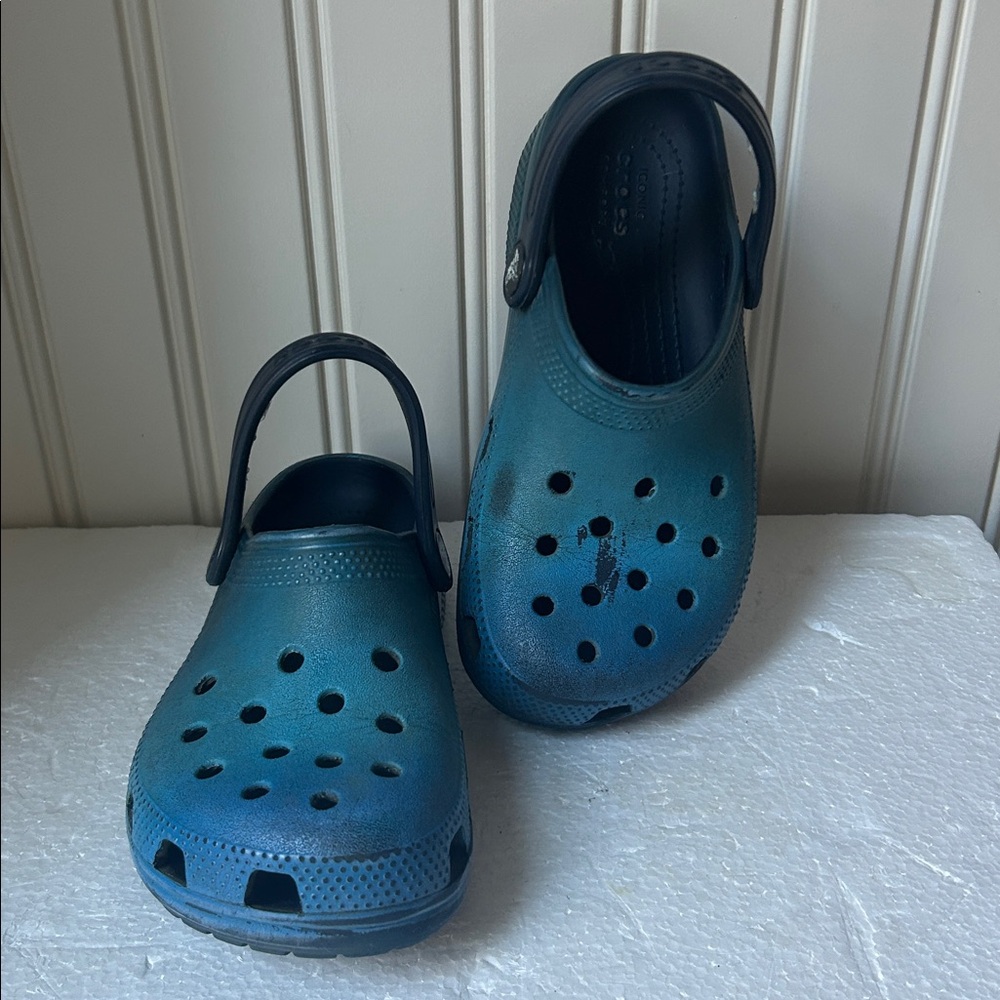 Crocs Kids SlipOn rubber Clogs slingback Mules unisex size 13 aqua/navy
